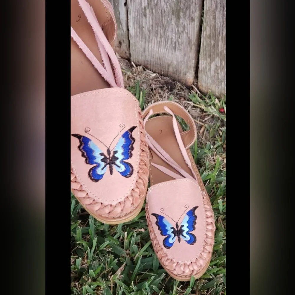 Butterfly Embroidered Leather Huarache Flats | Blush Pink Boho Lace-Up Shoes - Picture 2 of 2